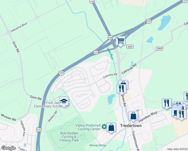 map of restaurants, bars, coffee shops, grocery stores, and more near 8076 Cross Creek Circle West in Breinigsville