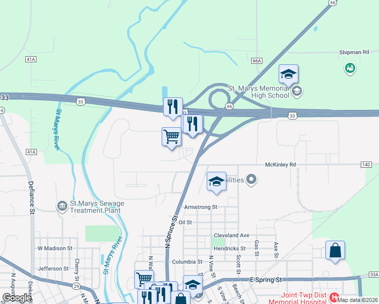 map of restaurants, bars, coffee shops, grocery stores, and more near 478 Fortman Drive in Saint Marys