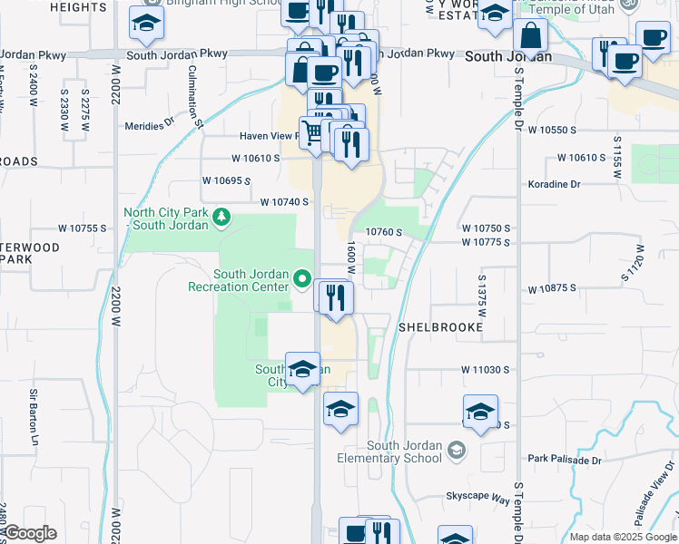 map of restaurants, bars, coffee shops, grocery stores, and more near 10850 Beckstead Lane in South Jordan