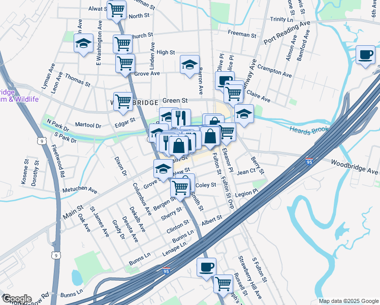map of restaurants, bars, coffee shops, grocery stores, and more near 91 Main Street in Woodbridge Township