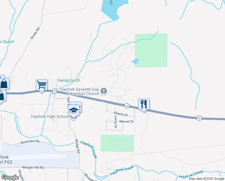 map of restaurants, bars, coffee shops, grocery stores, and more near Reservoir Road in Hayfork