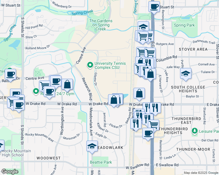 map of restaurants, bars, coffee shops, grocery stores, and more near 300 West Drake Road in Fort Collins