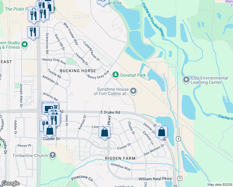 map of restaurants, bars, coffee shops, grocery stores, and more near 2451 Palomino Drive in Fort Collins