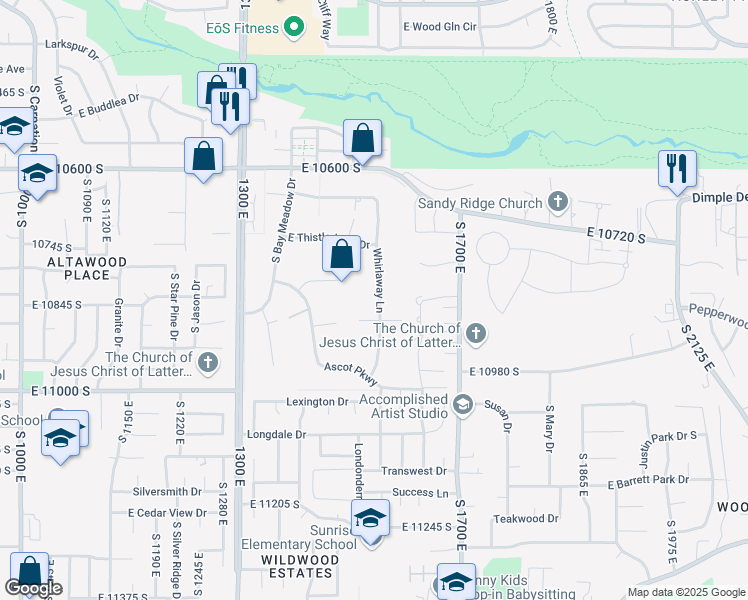 map of restaurants, bars, coffee shops, grocery stores, and more near 10834 Whirlaway Lane in Sandy