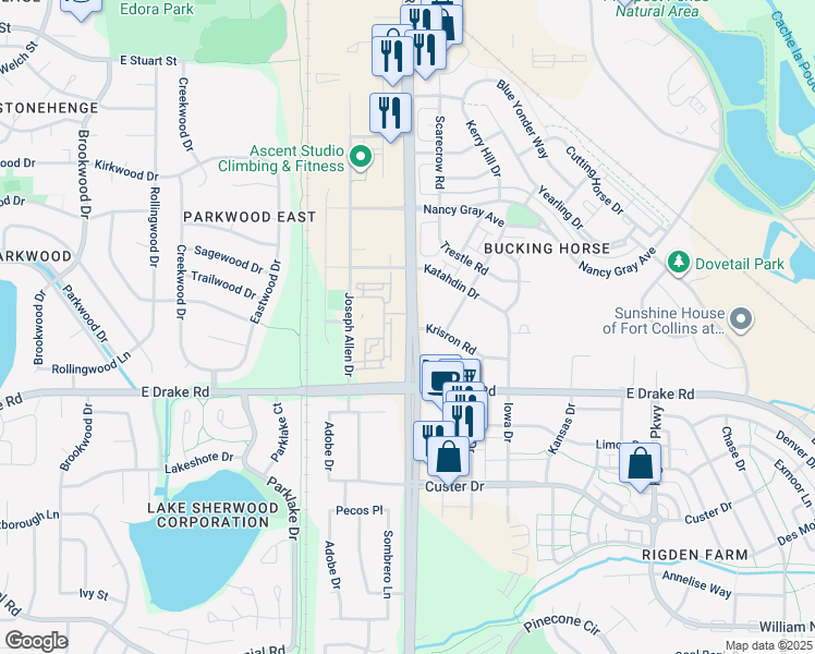 map of restaurants, bars, coffee shops, grocery stores, and more near 2451 South Timberline Road in Fort Collins
