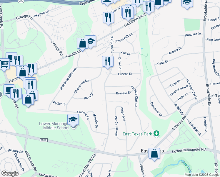 map of restaurants, bars, coffee shops, grocery stores, and more near 1296 Brassie Street in Wescosville