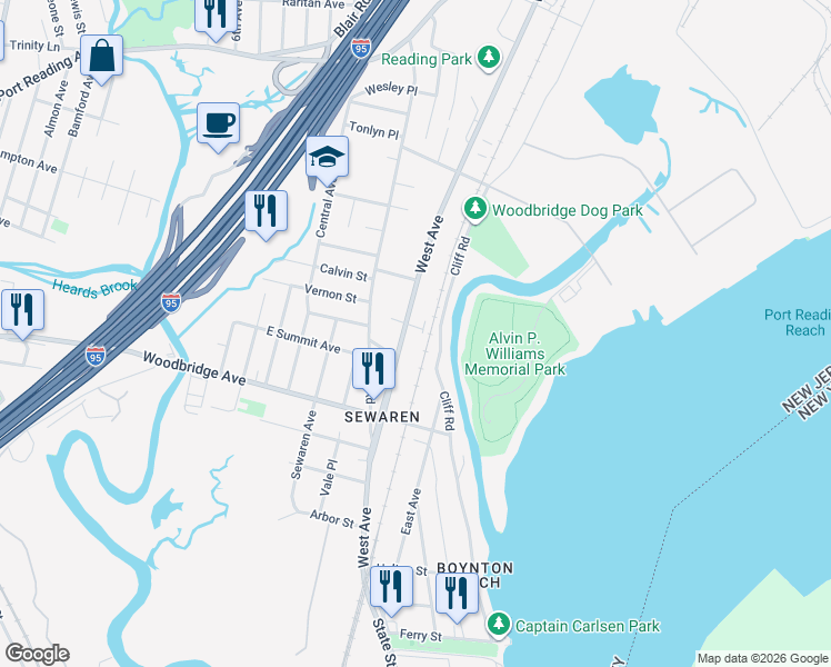 map of restaurants, bars, coffee shops, grocery stores, and more near 567 West Avenue in Woodbridge Township