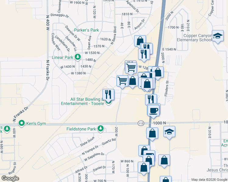 map of restaurants, bars, coffee shops, grocery stores, and more near 214 Crescent View Lane in Tooele