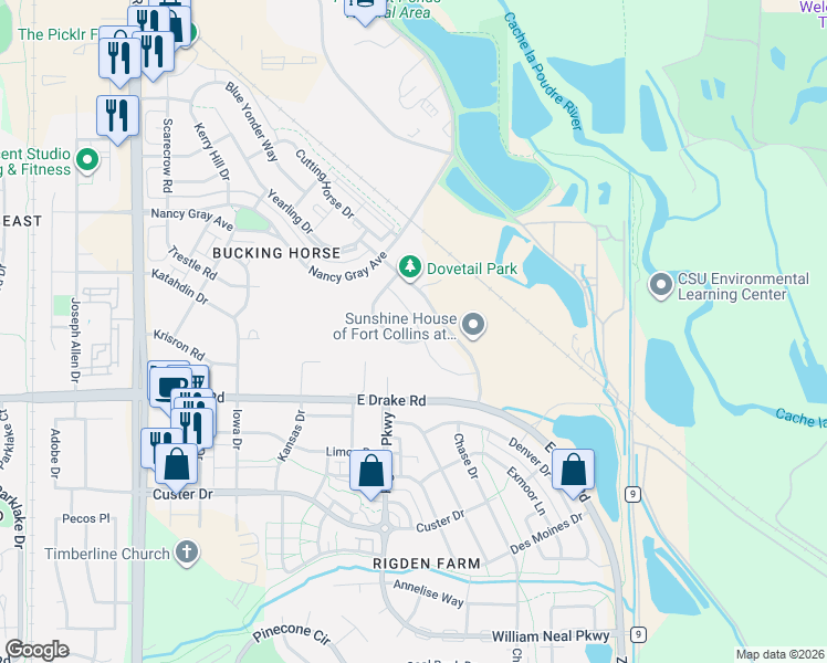 map of restaurants, bars, coffee shops, grocery stores, and more near 2451 Palomino Drive in Fort Collins