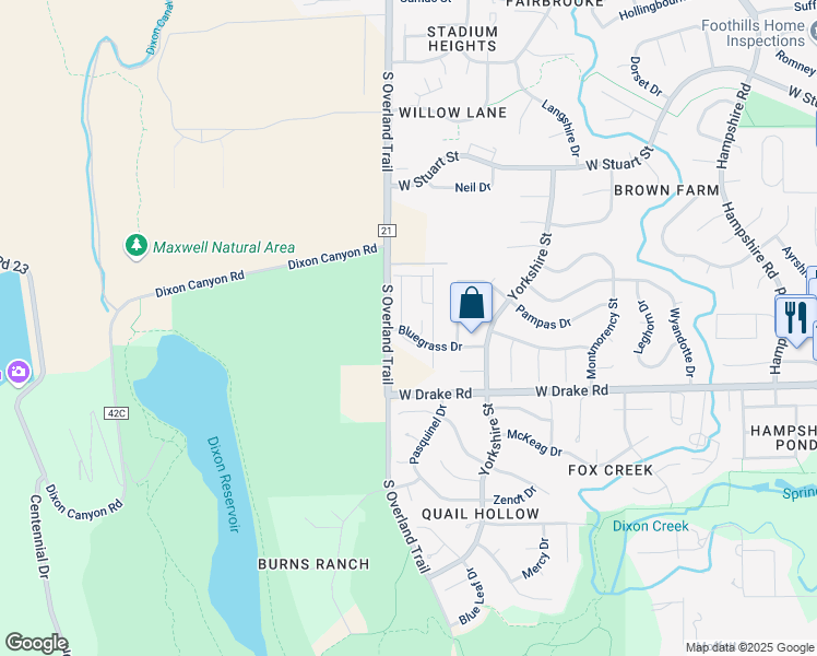 map of restaurants, bars, coffee shops, grocery stores, and more near 2424 South Overland Trail in Fort Collins