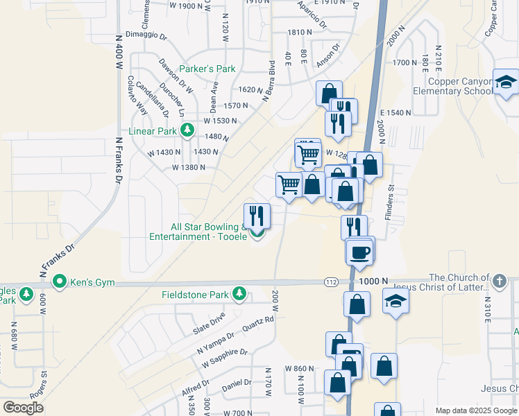 map of restaurants, bars, coffee shops, grocery stores, and more near 1166 North 220 West in Tooele