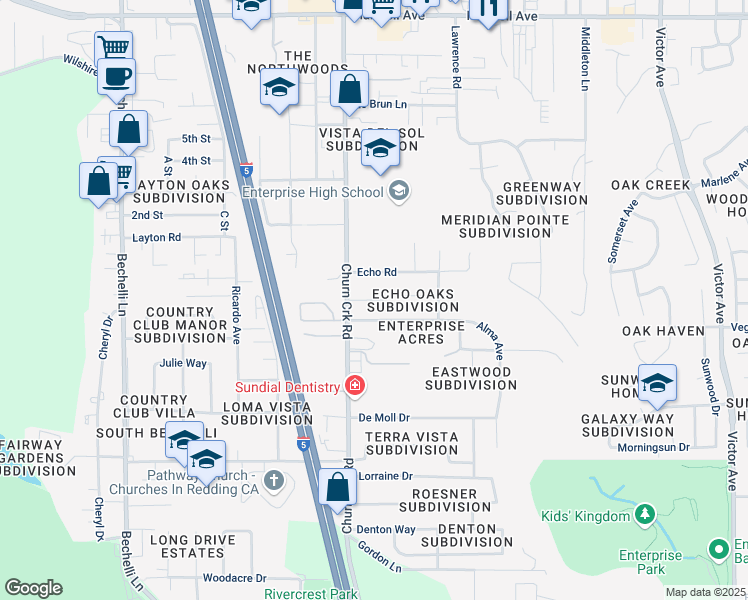 map of restaurants, bars, coffee shops, grocery stores, and more near 1036 Harpole Road in Redding