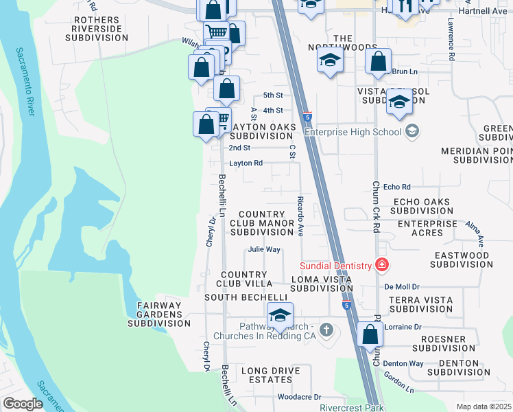 map of restaurants, bars, coffee shops, grocery stores, and more near 581-597 Terrace Drive in Redding