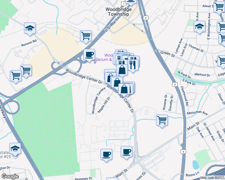 map of restaurants, bars, coffee shops, grocery stores, and more near 103 Maple Hill Drive in Woodbridge Township