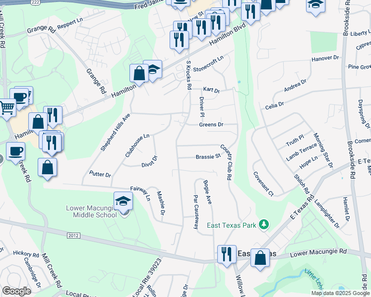 map of restaurants, bars, coffee shops, grocery stores, and more near 1296 Brassie Street in Wescosville
