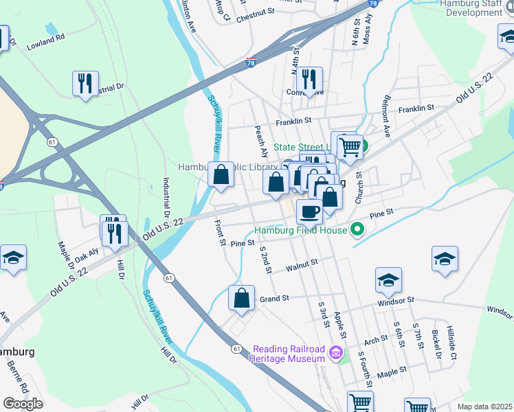 map of restaurants, bars, coffee shops, grocery stores, and more near 235 Washington Street in Hamburg