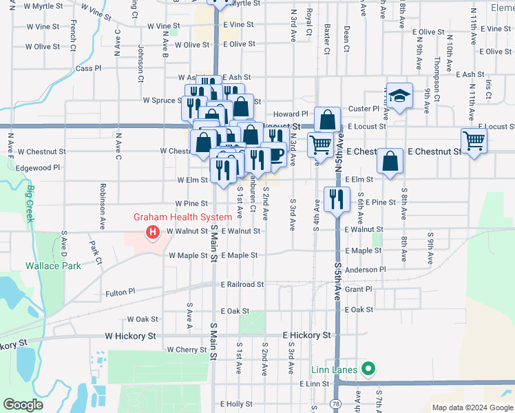 map of restaurants, bars, coffee shops, grocery stores, and more near 129 South 1st Avenue in Canton