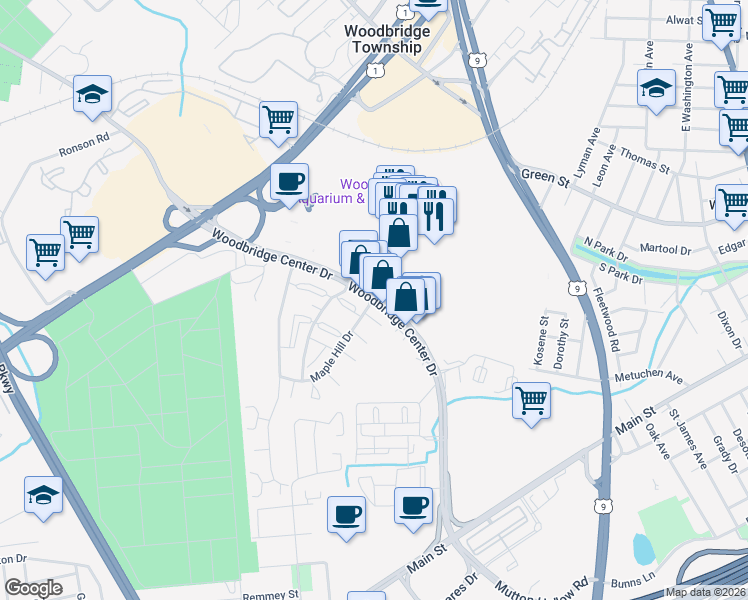 map of restaurants, bars, coffee shops, grocery stores, and more near 428 Woodbridge Center Drive in Woodbridge Township