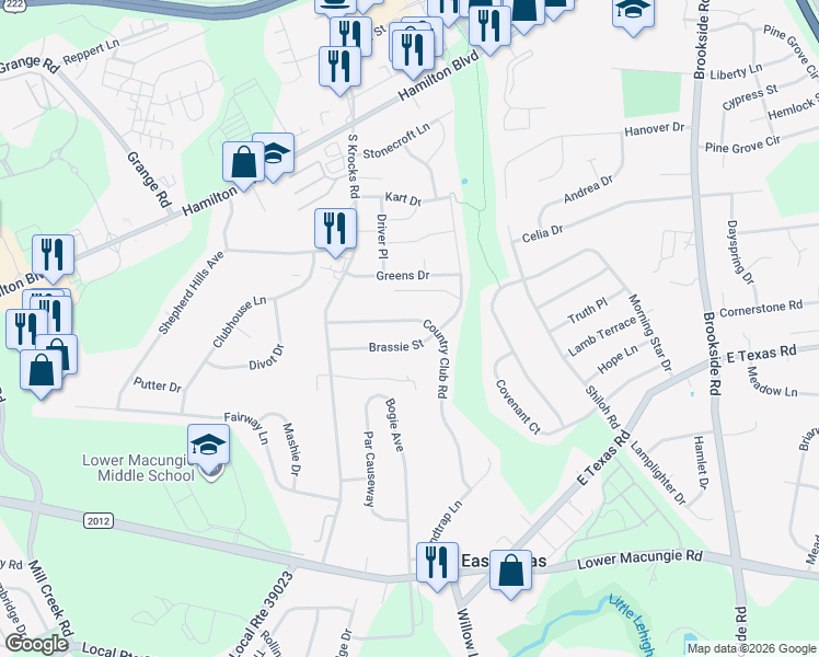 map of restaurants, bars, coffee shops, grocery stores, and more near 1318 Brassie Street in Wescosville
