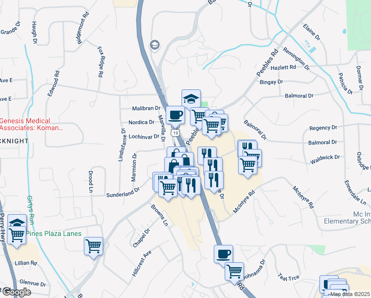 map of restaurants, bars, coffee shops, grocery stores, and more near McKnight Road & Peebles Road in Pittsburgh