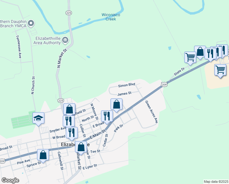 map of restaurants, bars, coffee shops, grocery stores, and more near 129 James Street in Elizabethville
