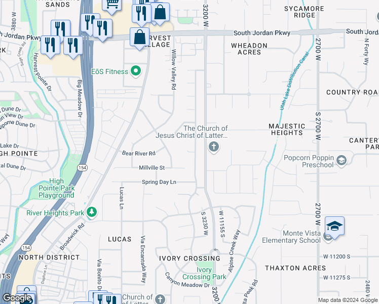 map of restaurants, bars, coffee shops, grocery stores, and more near Wellsville Circle in South Jordan