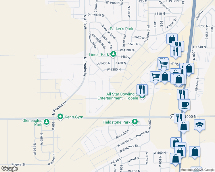 map of restaurants, bars, coffee shops, grocery stores, and more near 1245 North Clemente Way in Tooele