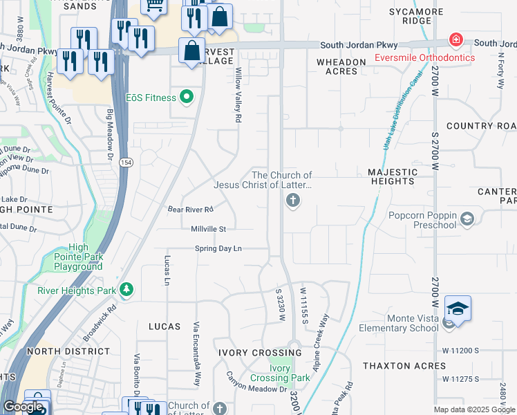 map of restaurants, bars, coffee shops, grocery stores, and more near Wellsville Circle in South Jordan