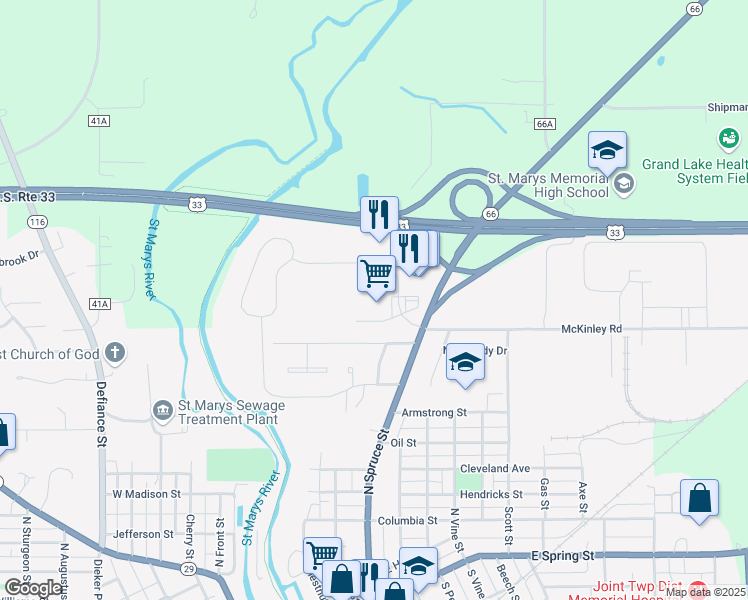 map of restaurants, bars, coffee shops, grocery stores, and more near Fortman Drive in Saint Marys