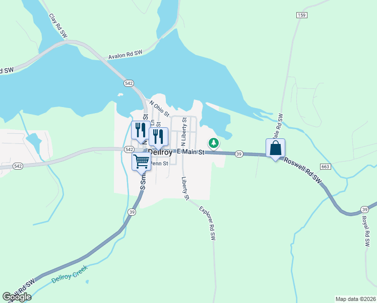 map of restaurants, bars, coffee shops, grocery stores, and more near 34 East Main Street in Dellroy