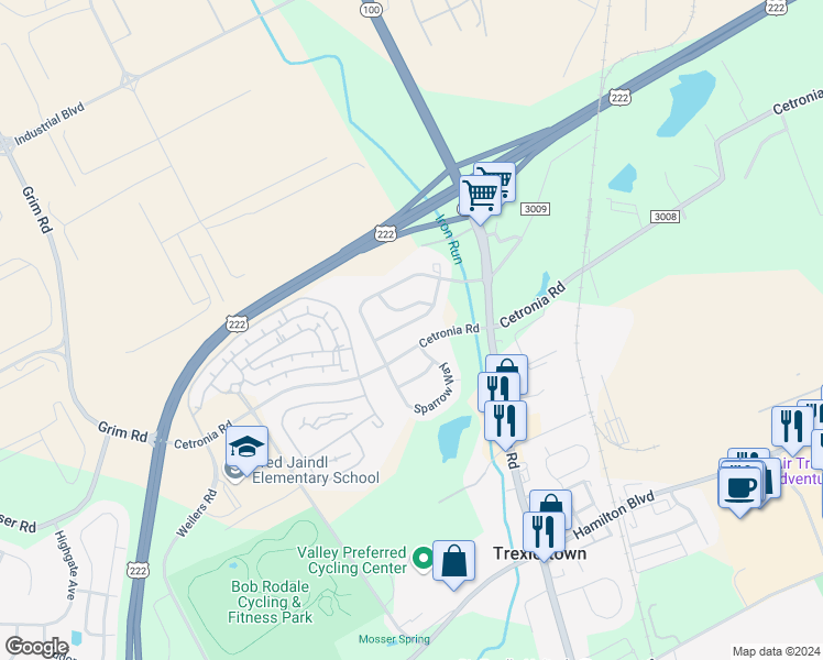 map of restaurants, bars, coffee shops, grocery stores, and more near 8145 Cross Creek Circle West in Breinigsville