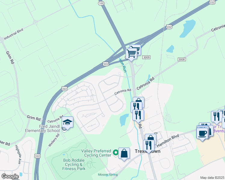 map of restaurants, bars, coffee shops, grocery stores, and more near 7677 Cross Creek Circle West in Breinigsville