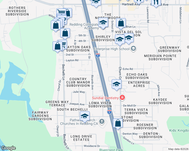 map of restaurants, bars, coffee shops, grocery stores, and more near 3597 Ricardo Avenue in Redding