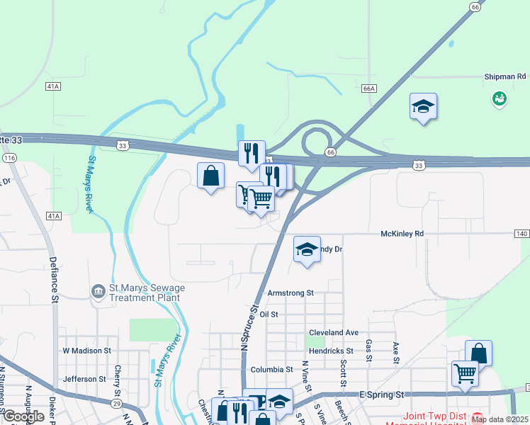 map of restaurants, bars, coffee shops, grocery stores, and more near 415 Fortman Drive in Saint Marys