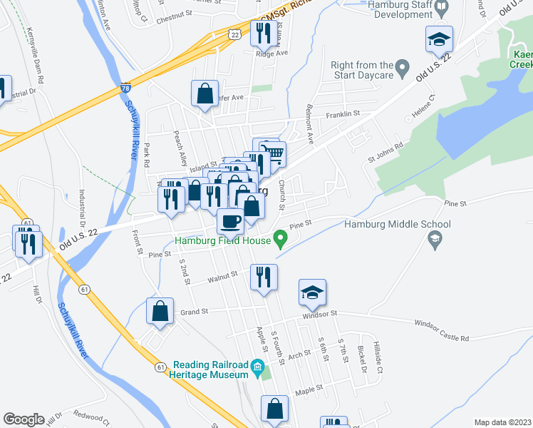 map of restaurants, bars, coffee shops, grocery stores, and more near 51 Primrose Alley in Hamburg