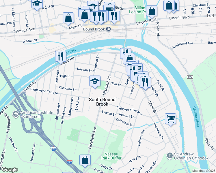 map of restaurants, bars, coffee shops, grocery stores, and more near 119 Elizabeth Street in South Bound Brook