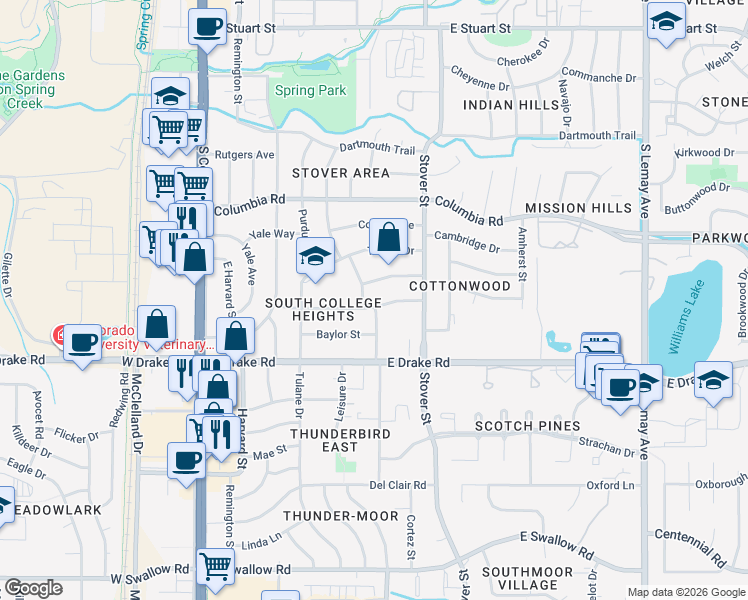 map of restaurants, bars, coffee shops, grocery stores, and more near 504 Princeton Road in Fort Collins