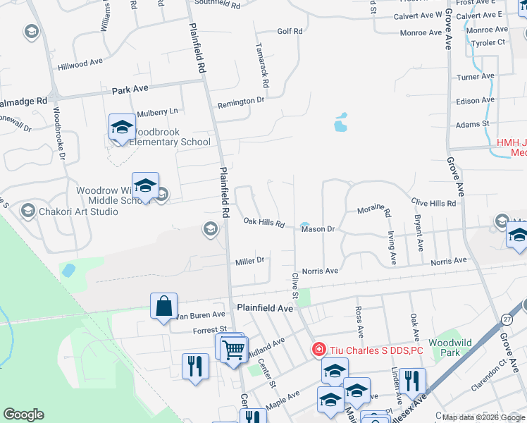 map of restaurants, bars, coffee shops, grocery stores, and more near 12 Oak Hills Road in Edison