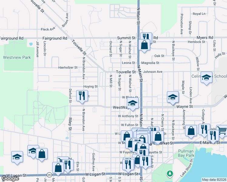 map of restaurants, bars, coffee shops, grocery stores, and more near 603 North Sugar Street in Celina
