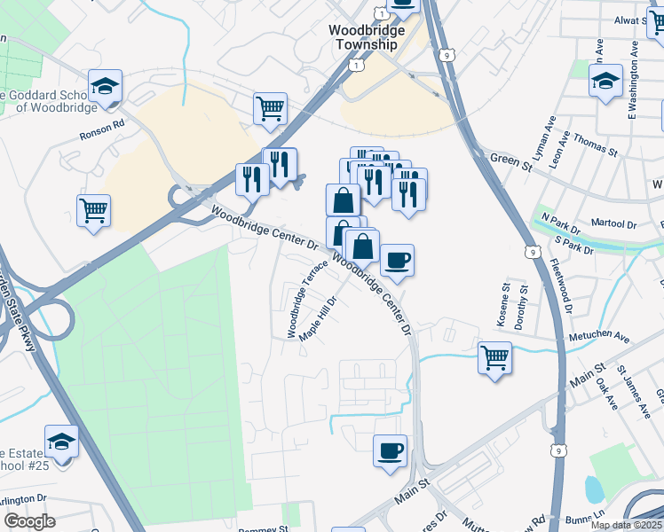 map of restaurants, bars, coffee shops, grocery stores, and more near 141 Woodbridge Terrace in Woodbridge Township