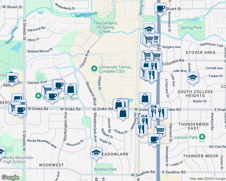 map of restaurants, bars, coffee shops, grocery stores, and more near in Fort Collins