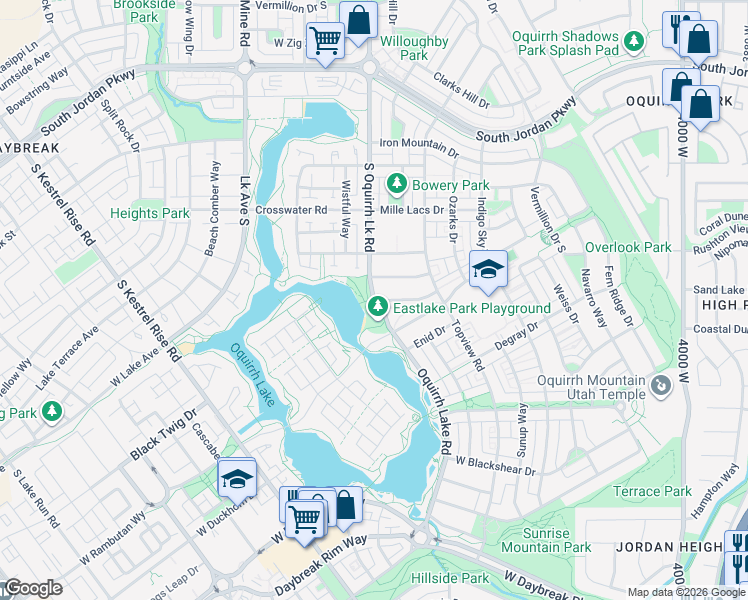 map of restaurants, bars, coffee shops, grocery stores, and more near Oquirrh Lake Road in South Jordan