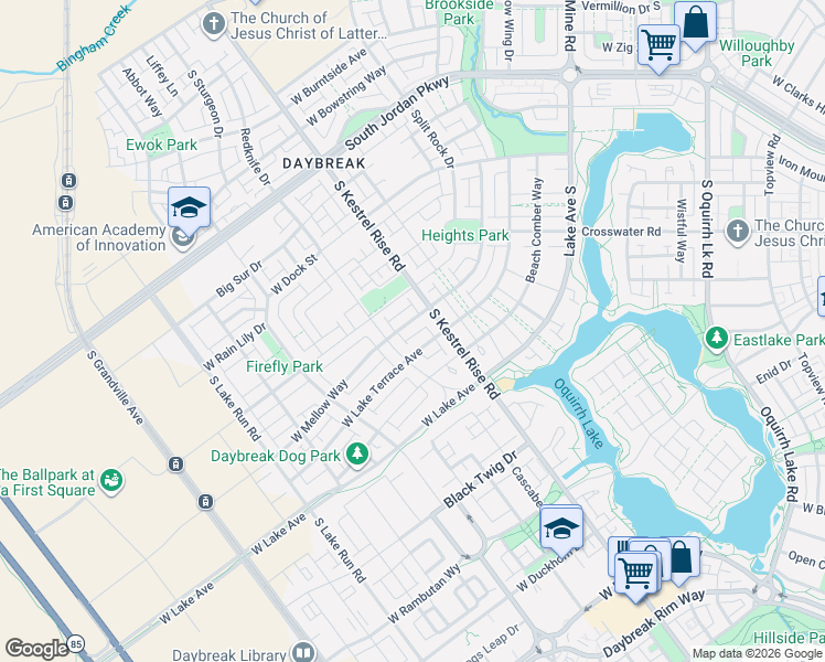 map of restaurants, bars, coffee shops, grocery stores, and more near 5037 Lake Terrace Avenue in South Jordan