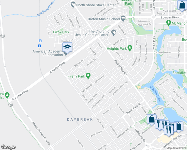 map of restaurants, bars, coffee shops, grocery stores, and more near 5224 Split Rock Drive in South Jordan