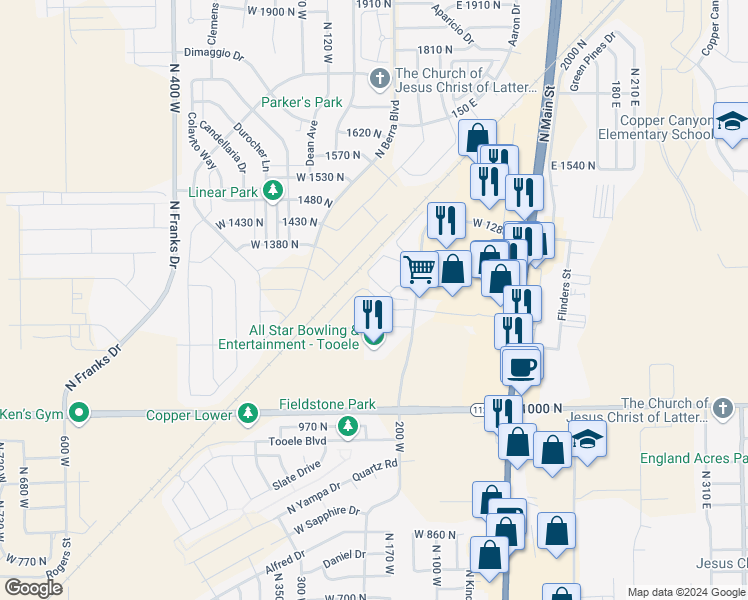 map of restaurants, bars, coffee shops, grocery stores, and more near 1166 North 220 West in Tooele