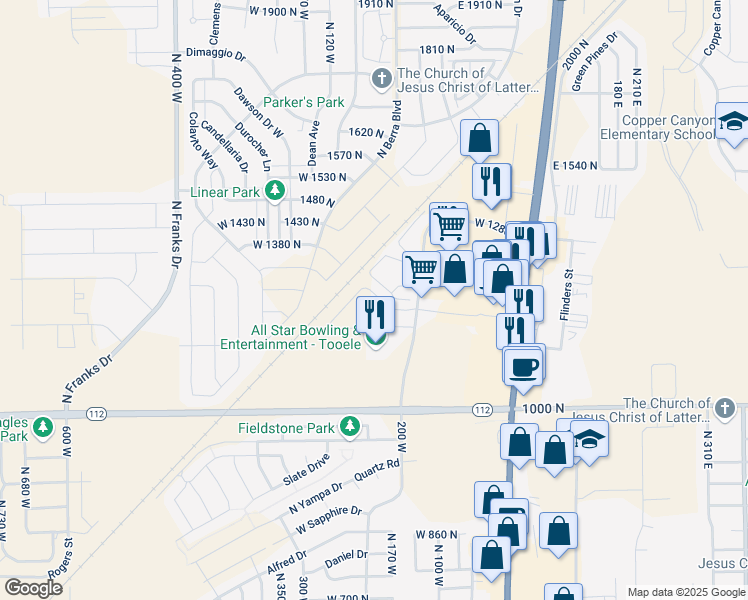 map of restaurants, bars, coffee shops, grocery stores, and more near 1166 North 220 West in Tooele
