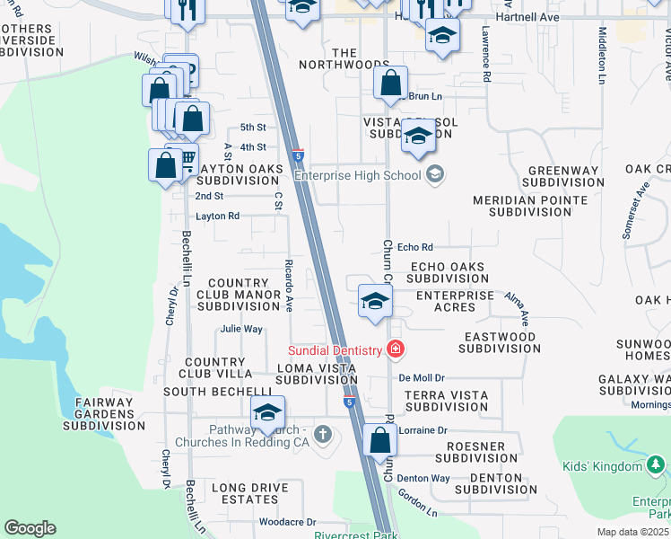 map of restaurants, bars, coffee shops, grocery stores, and more near 3720 Churn Creek Road in Redding