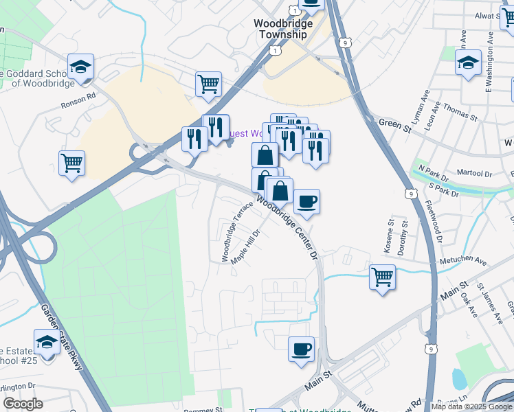 map of restaurants, bars, coffee shops, grocery stores, and more near 133 Woodbridge Terrace in Woodbridge Township