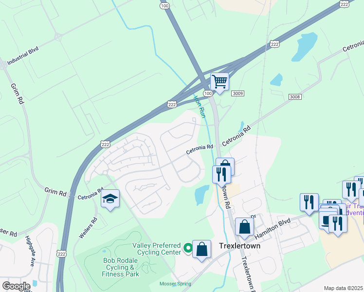 map of restaurants, bars, coffee shops, grocery stores, and more near 1004 Sparrow Way in Breinigsville