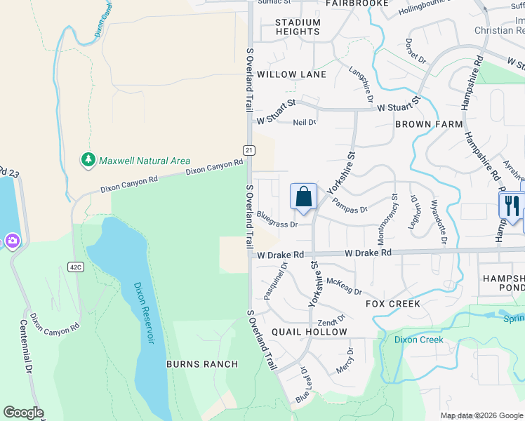map of restaurants, bars, coffee shops, grocery stores, and more near 2424 South Overland Trail in Fort Collins